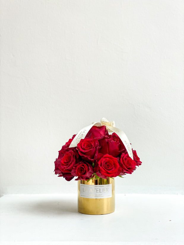 Timeless Rouge Roses in Gold Vase - LA ATELIER SINGAPORE
